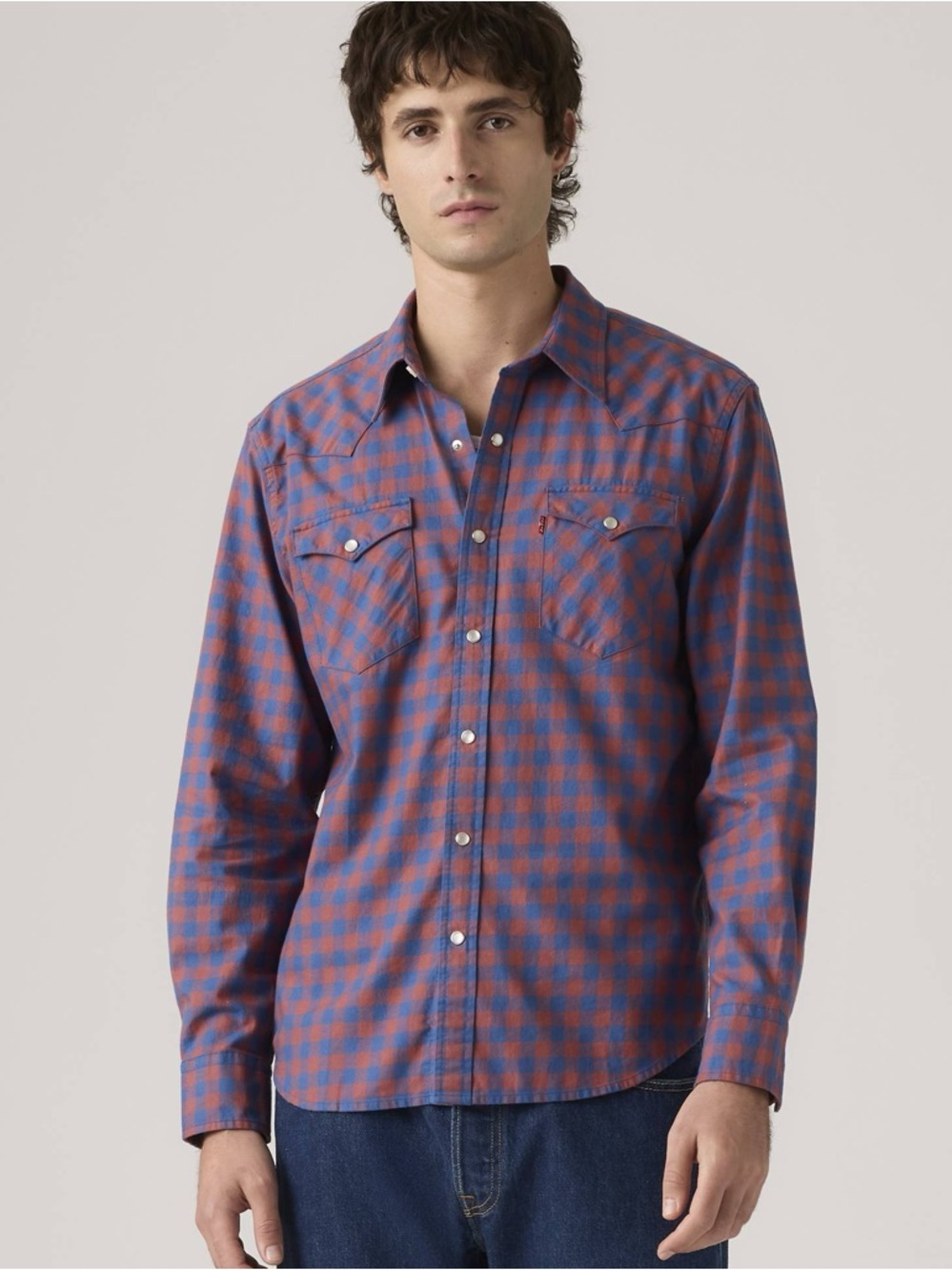 Stio Plaid Western Shirt Small Red Blue Performance Outdoor Pearl Snap
